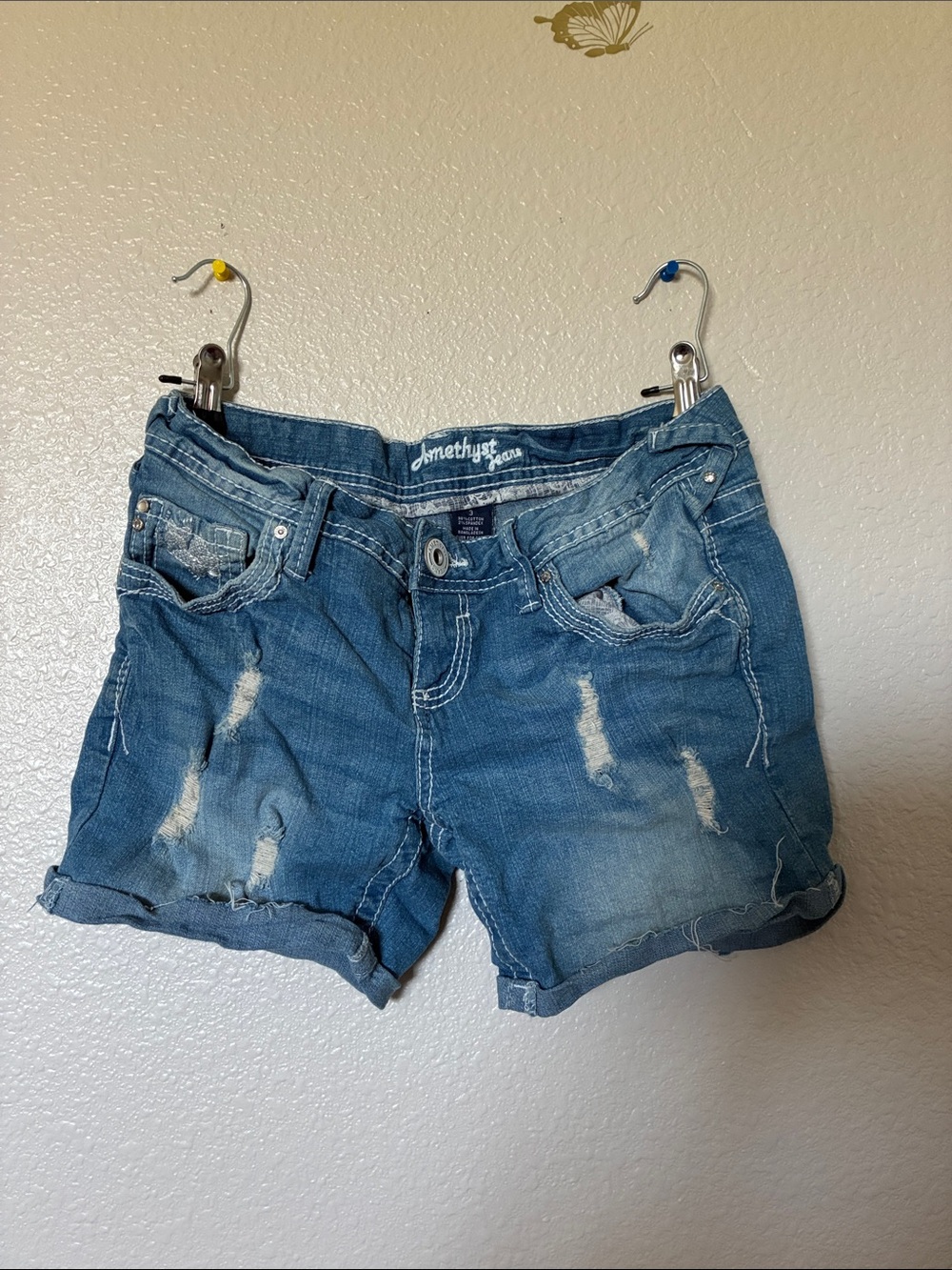 Amethyst Jeans Women's Light Blue Distressed Rolled-Hem Shorts